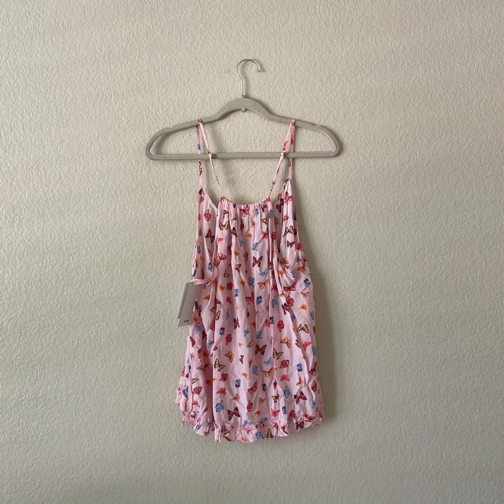 Kensie Camisole Top Scoop V Lounge Ruffle Tank Cottage Butterflies Pink
